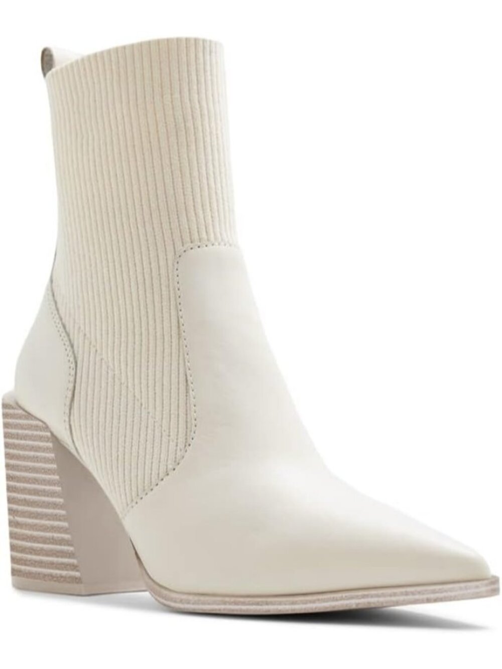 Women's White Chunky Stacked Heel Ankle Sock Boots Pointed Toe Booties Slip On